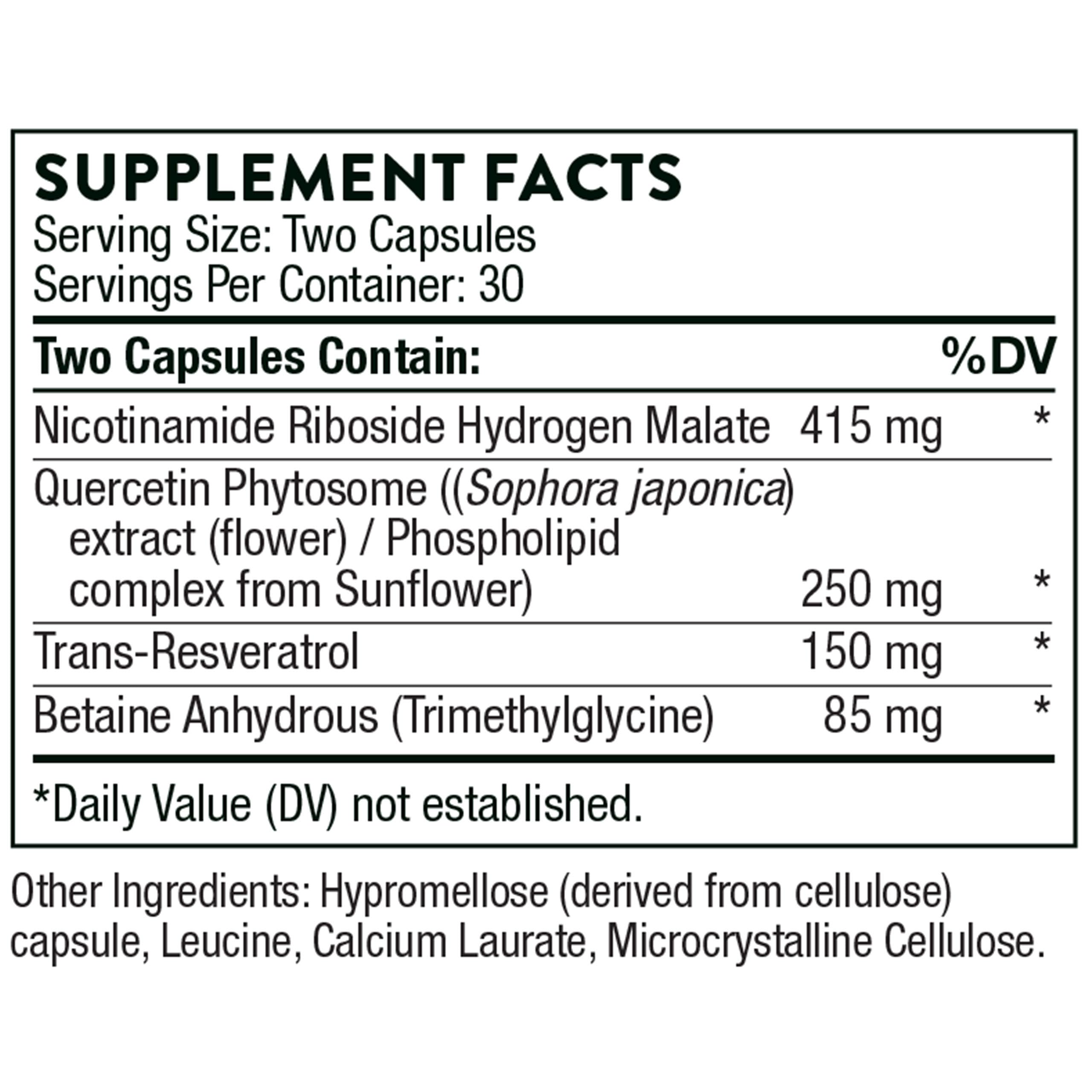 Close-up of NR, Quercetin Phytosome and Resveratrol ingredients on the label