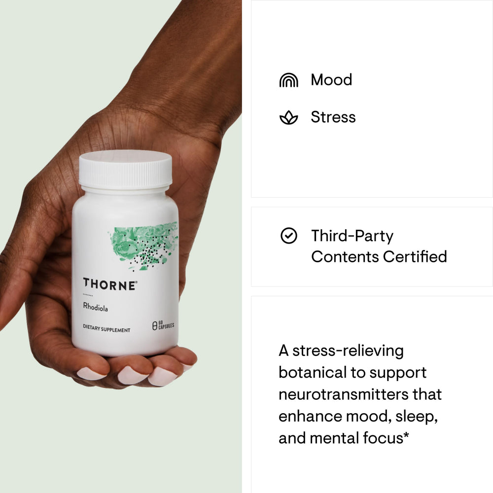 THORNE Rhodiola box with bottle on white background