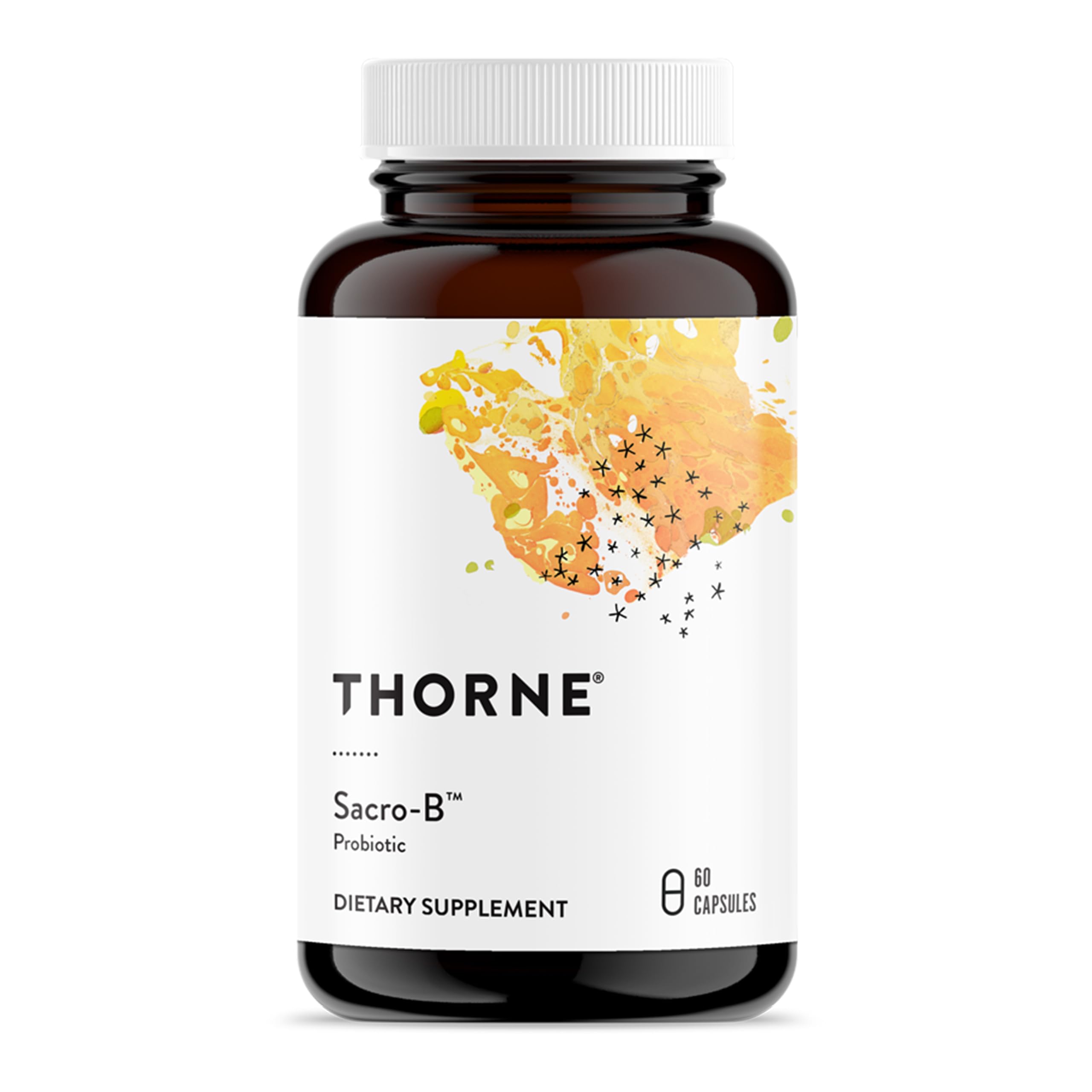 Thorne Sacro-B Probiotic bottle with gluten-free and 60 capsules label