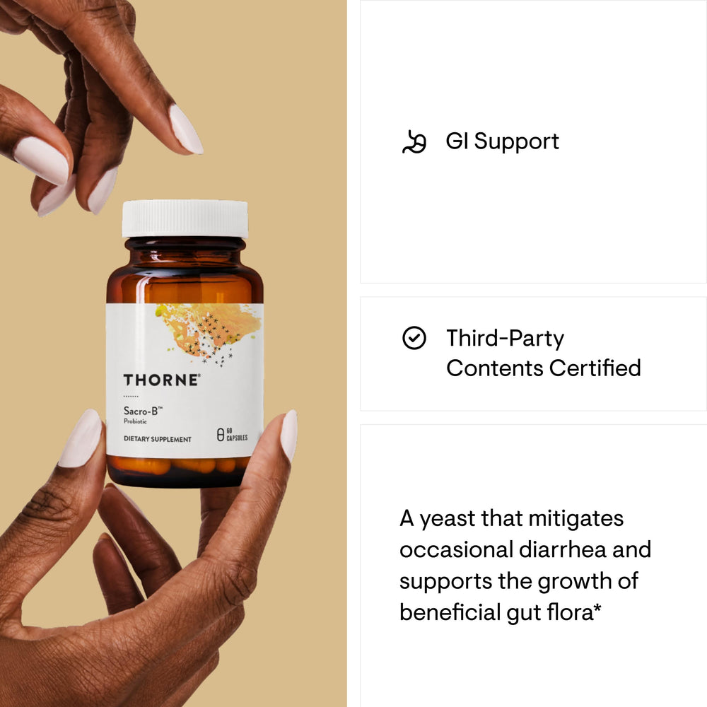 Third-party certification badge on Sacro-B Probiotic packaging