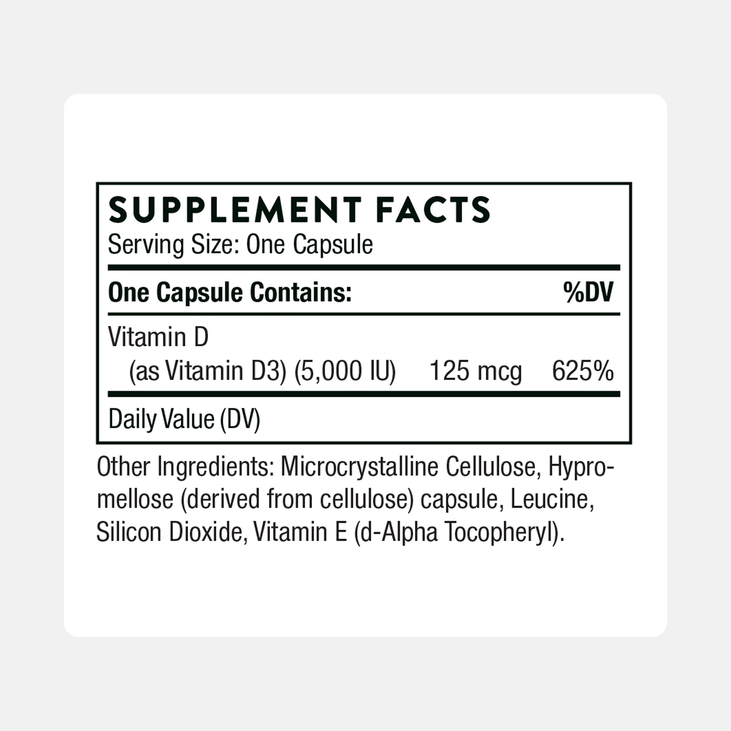 Close-up of Thorne Vitamin D-5000 D3 bottle label