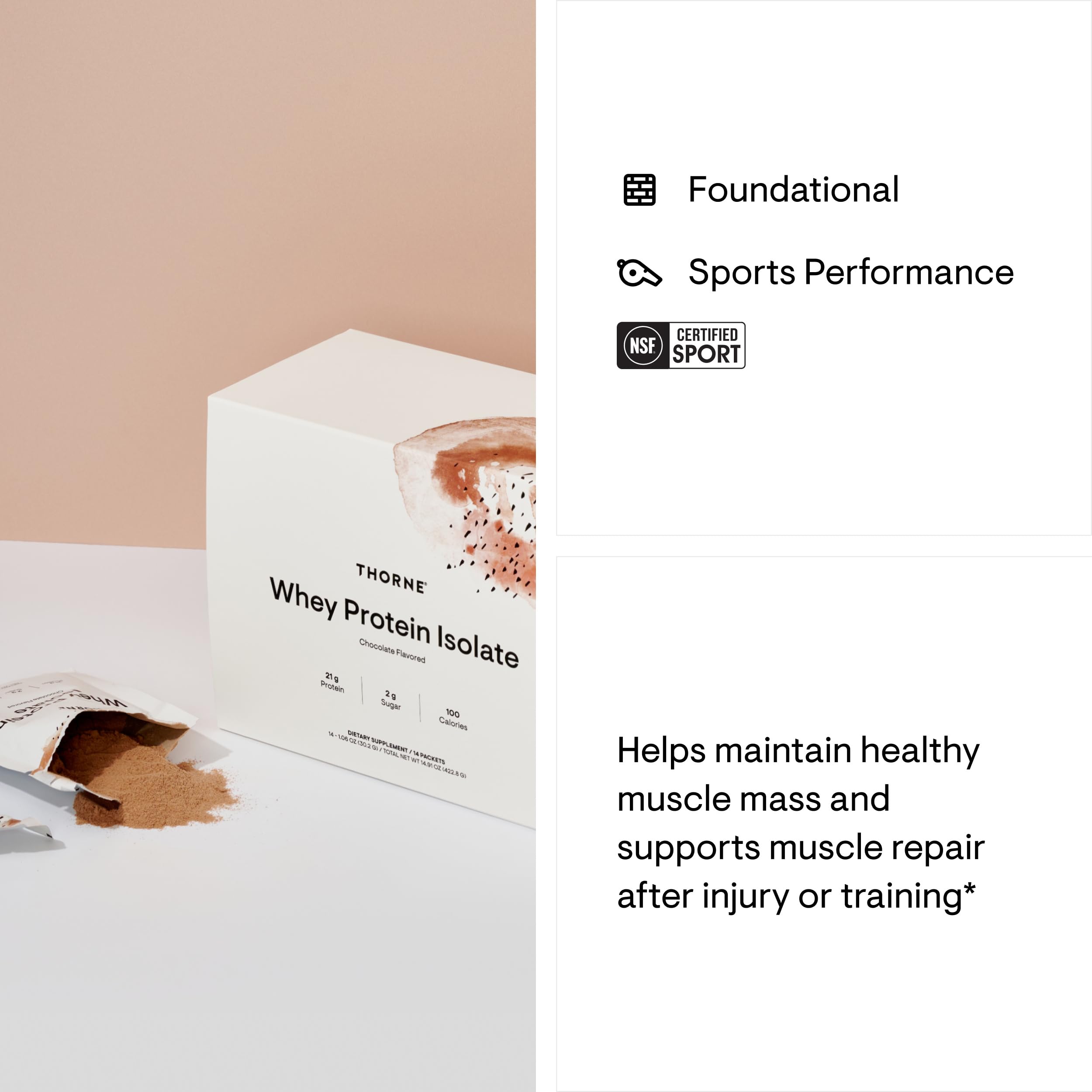 Nutrition facts for THORNE Whey Protein Isolate Chocolate