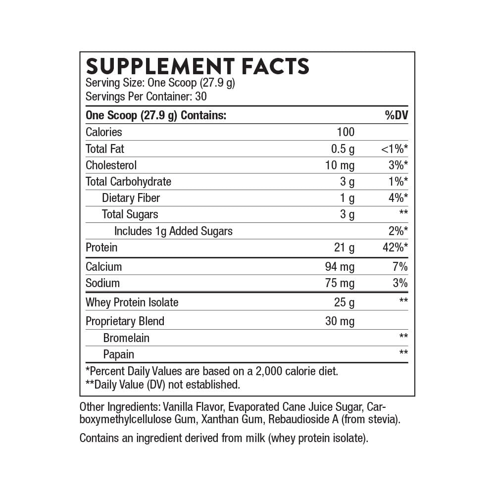 Bottle showing THORNE Whey Protein Isolate Vanilla packaging