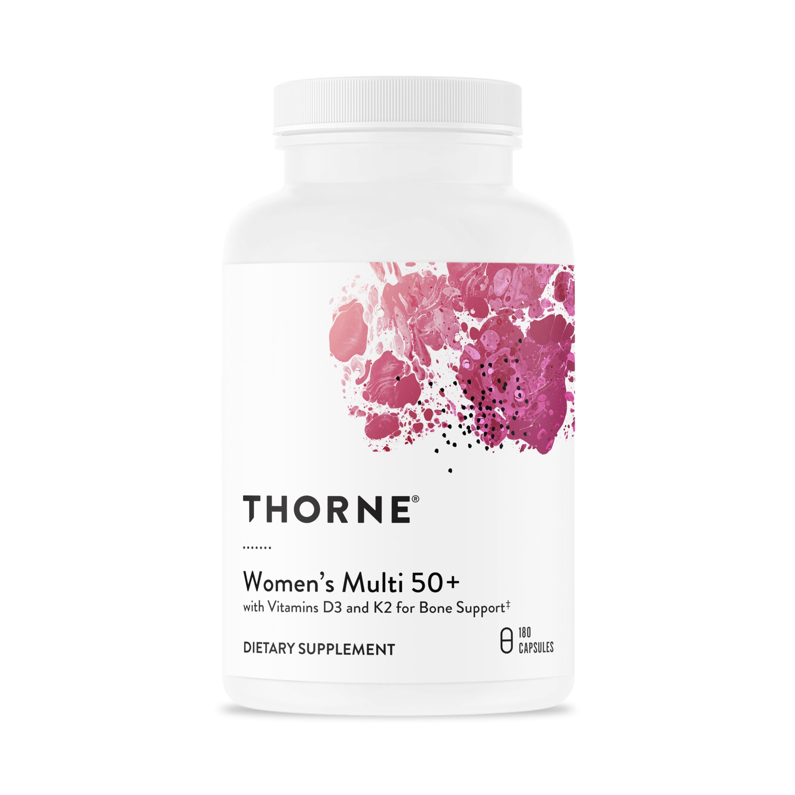 Front view of THORNE Women's Multi 50+ 180-capsule bottle