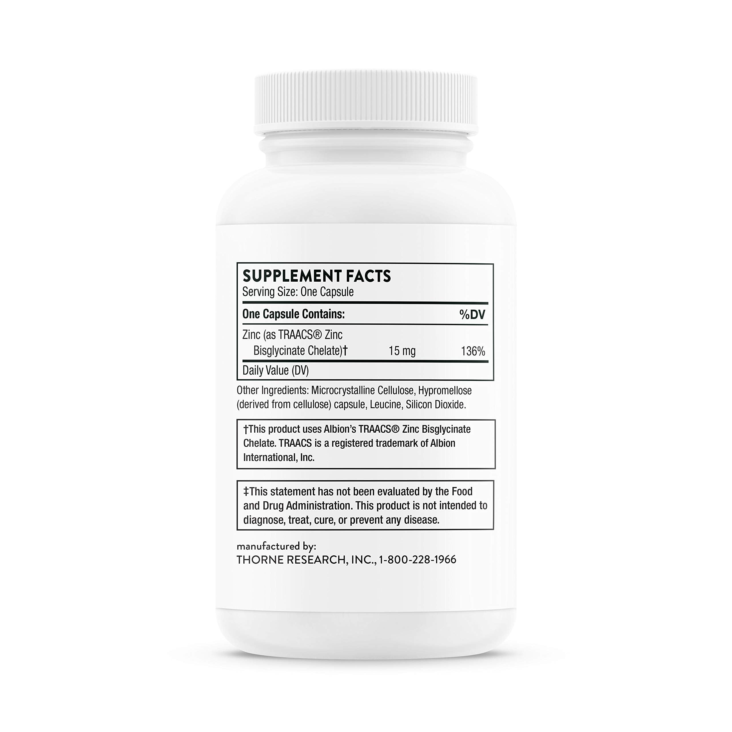 Supplement facts panel showing 15 mg zinc per capsule