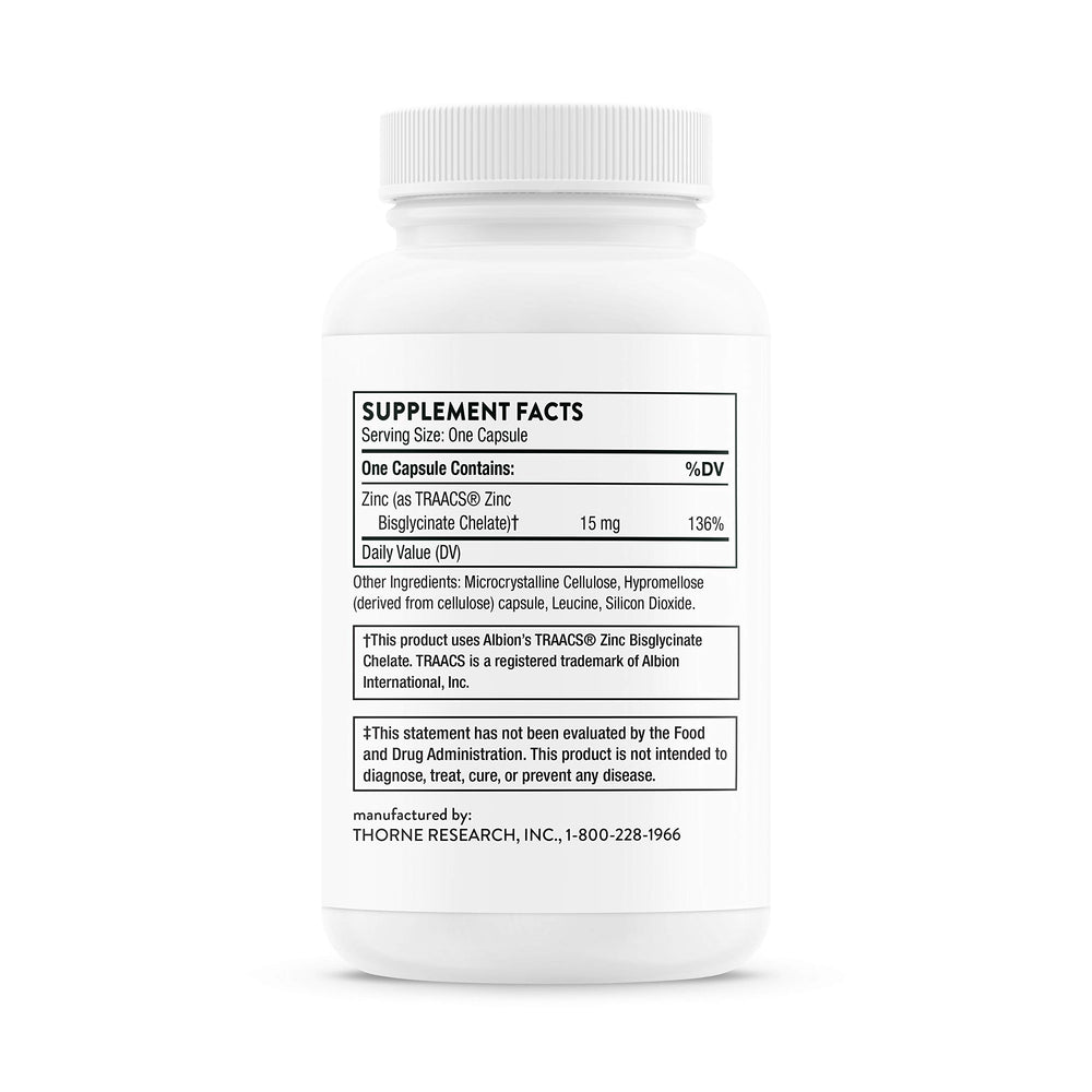 Supplement facts panel showing 15 mg zinc per capsule