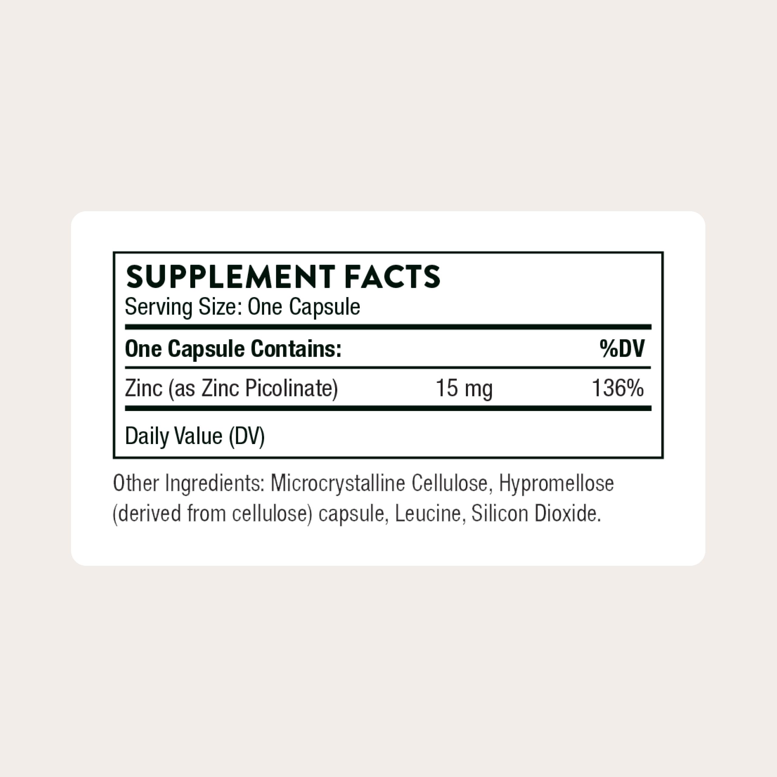 THORNE Zinc Picolinate capsules on white surface showing easy daily intake