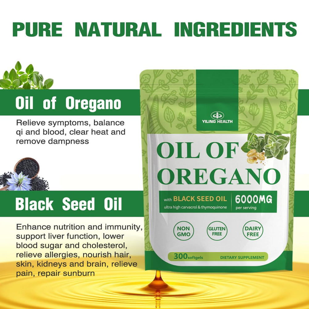 Illustration showing the three-in-one ingredients oregano oil, black seed oil and echinacea