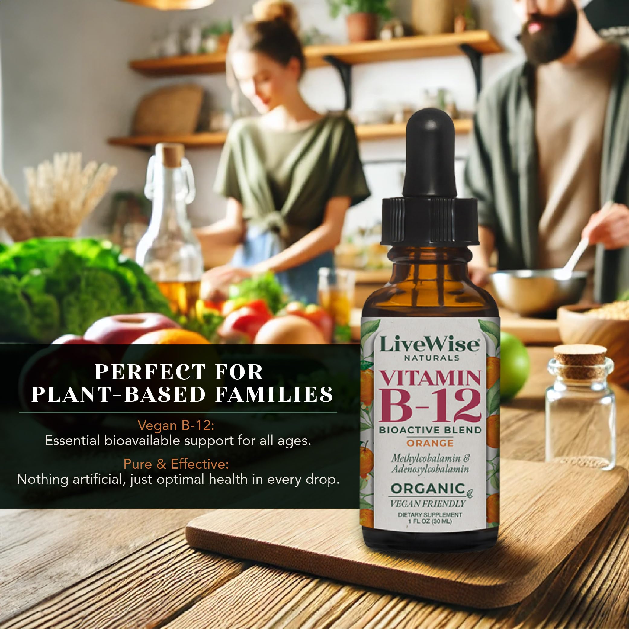 Three-ingredient formula: B12, water, organic grape alcohol.