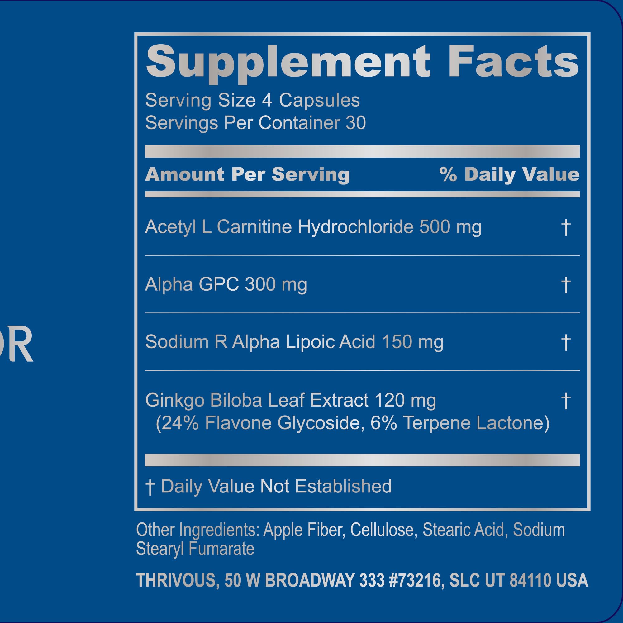 Diagram highlighting key ingredients Acetyl L-Carnitine, Alpha GPC, R-Alpha Lipoic Acid, and Ginkgo Biloba