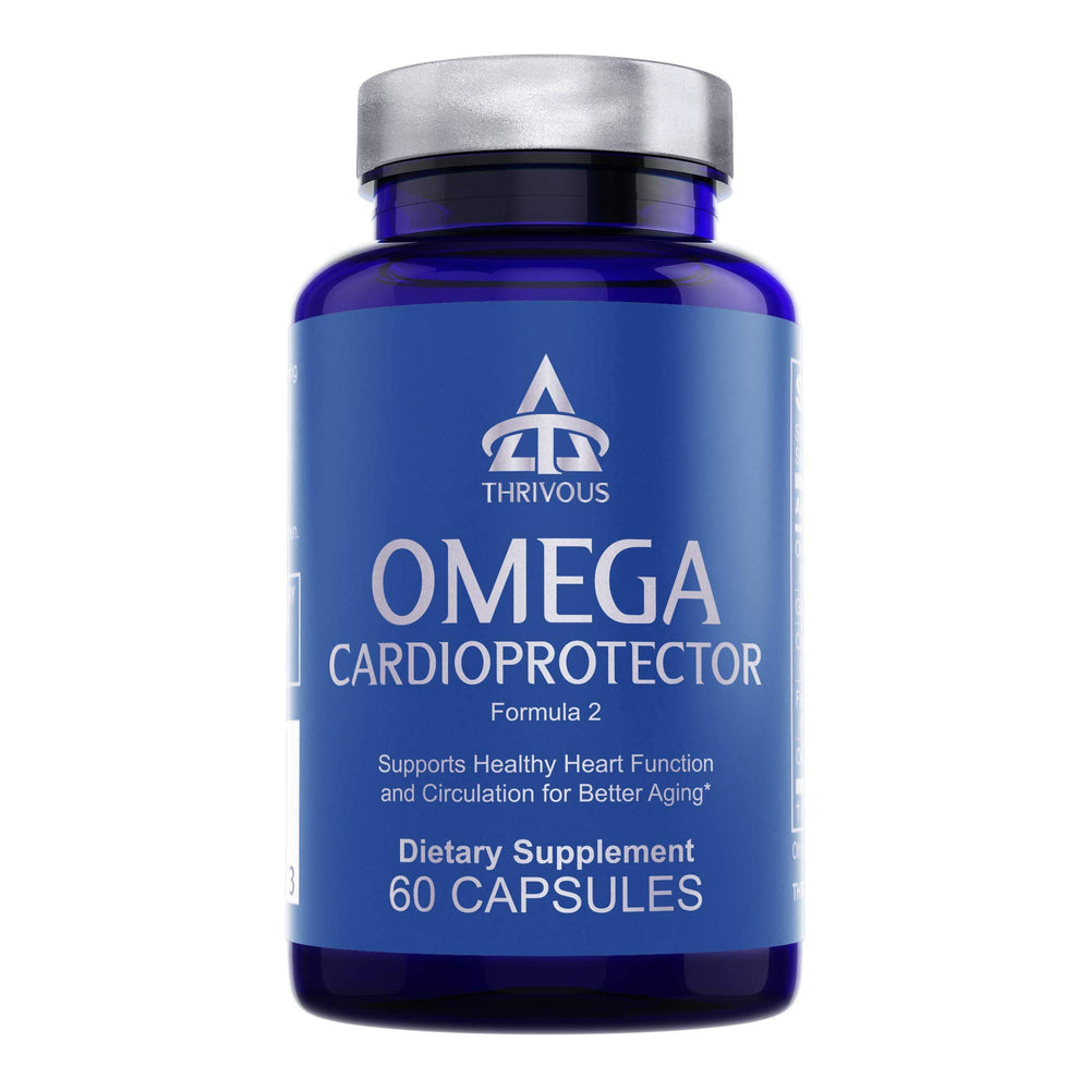 Thrivous Omega Cardioprotector bottle label and capsules