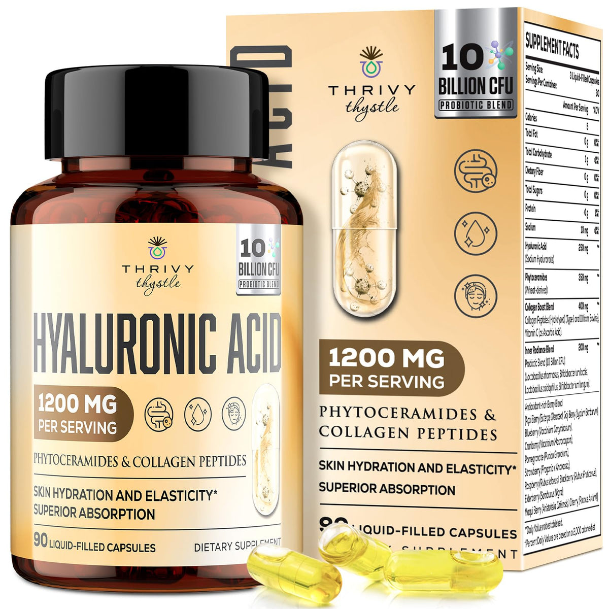 ThrivyThystle bottle label with 19-in-1 Hyaluronic Acid Capsules