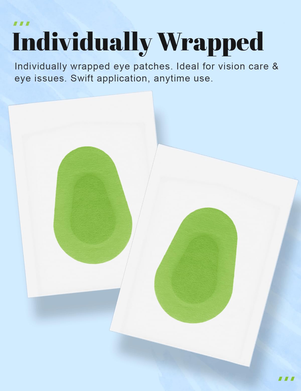 Individual green eye patches wrapped for travel