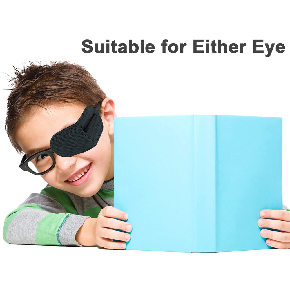 Close-up of THSIREE eye patch attached to glasses frame