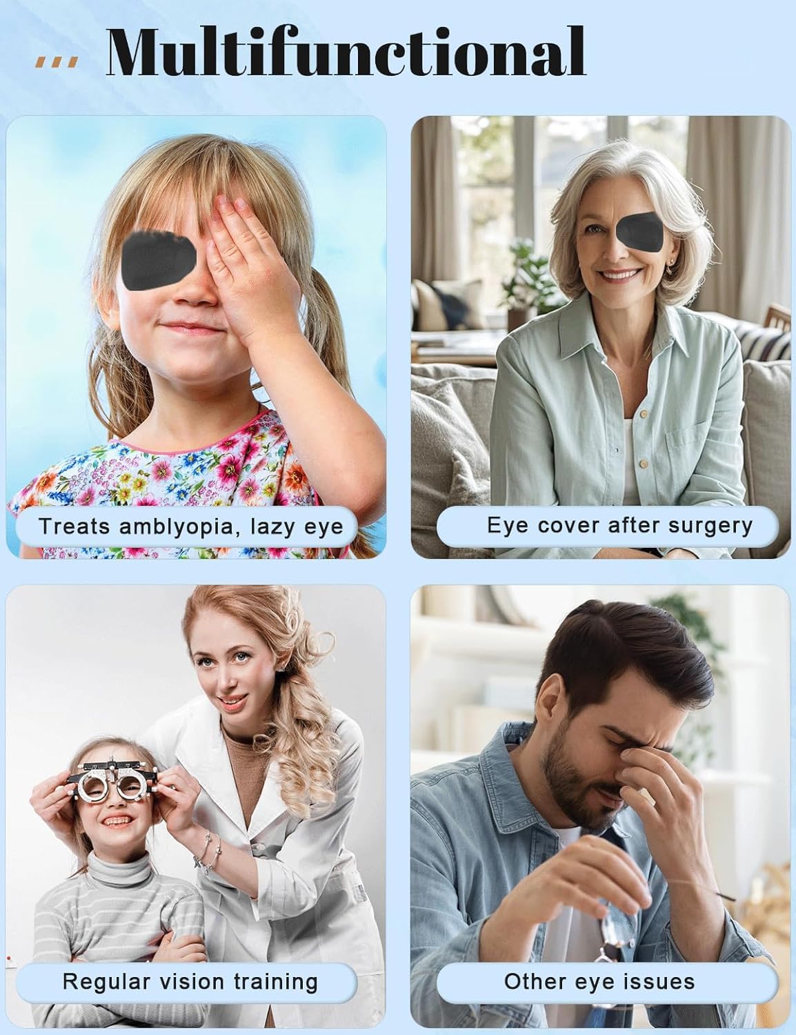 Eye patch for post-surgery or therapy, fits under glasses