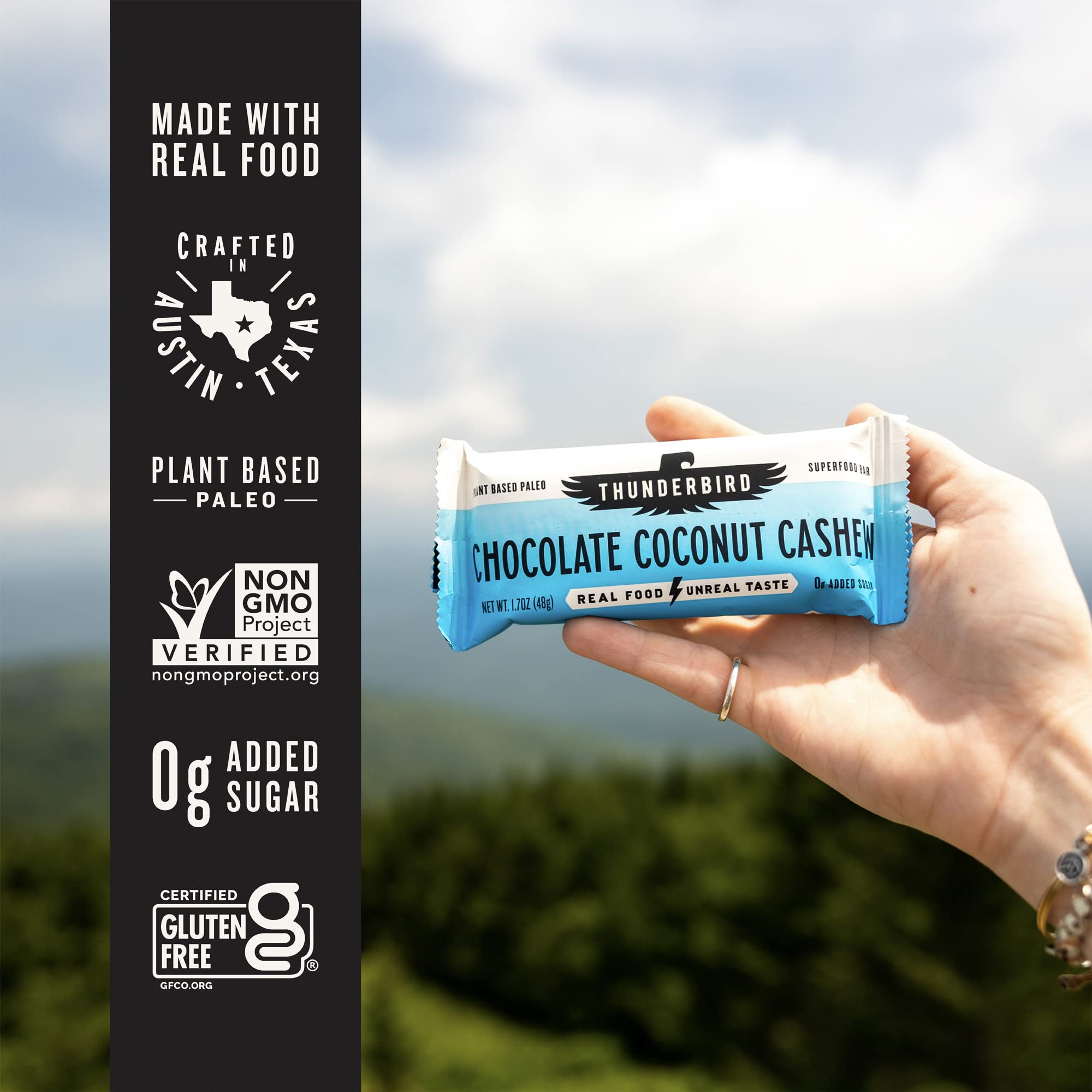 Ingredient close-up: cocoa, coconut, cashews in Thunderbird bars