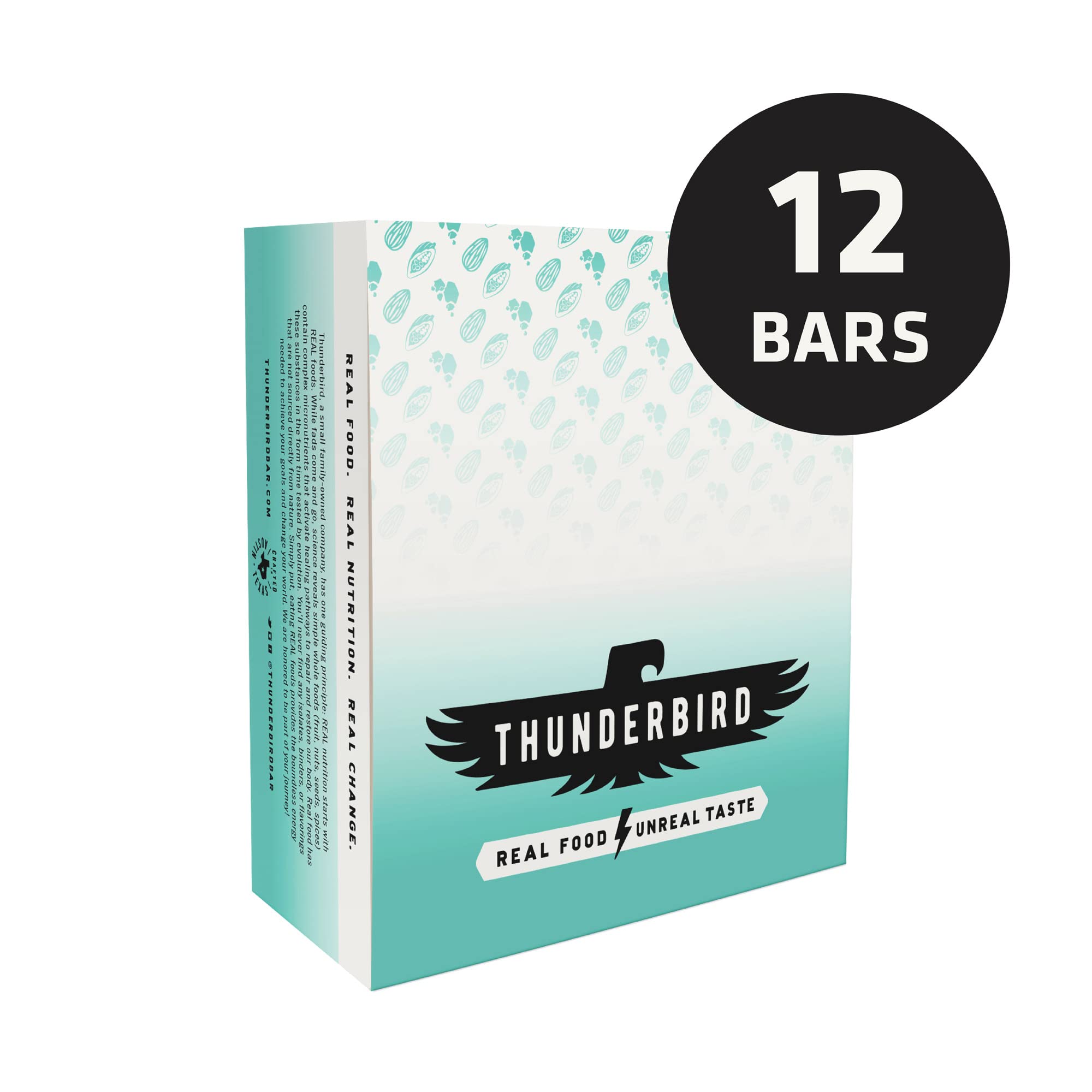 Thunderbird Real Food Bars ingredient panel signals gluten-free and no added sugar.