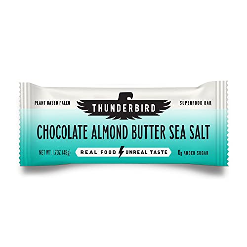 Thunderbird Real Food Bars packaging highlights chocolate almond butter sea salt for on-the-go energy.
