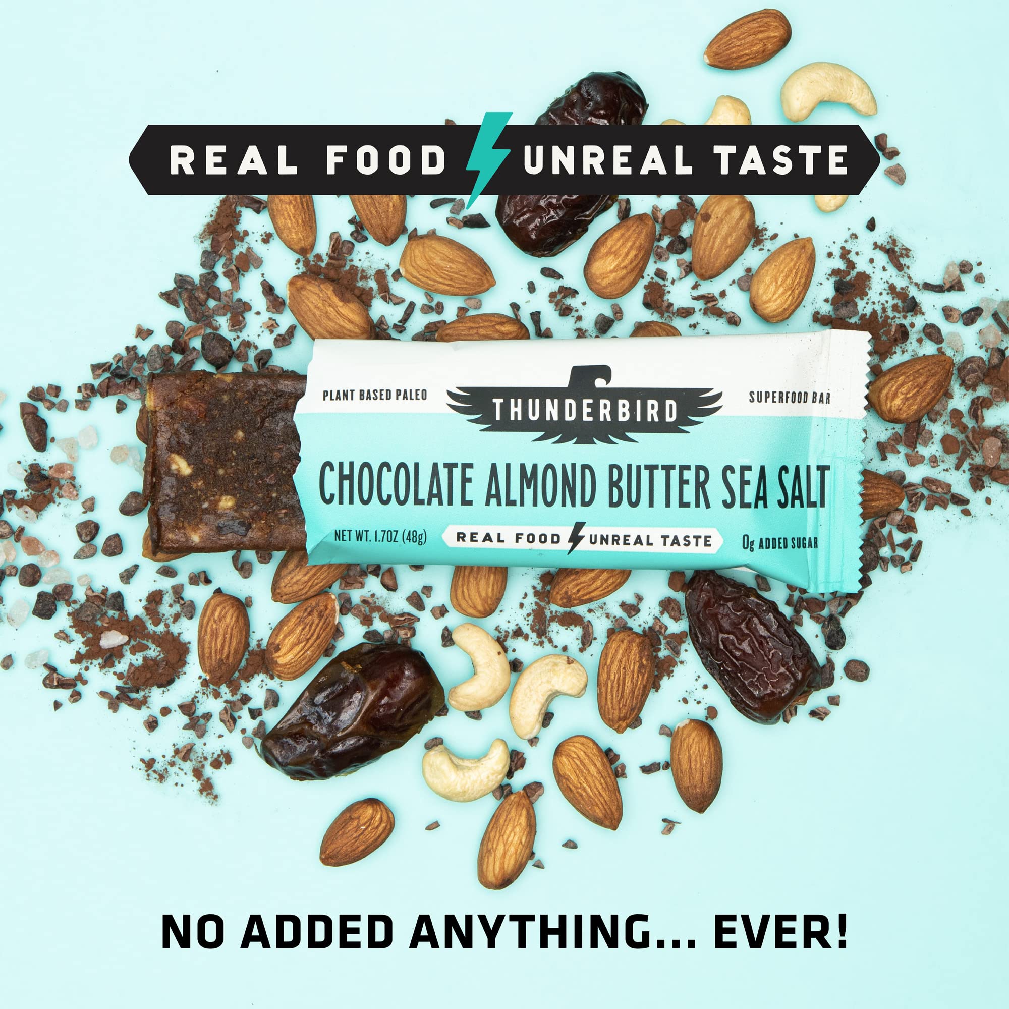 Thunderbird Real Food Bars vegan paleo non-GMO label highlights dietary choices and clean ingredients.