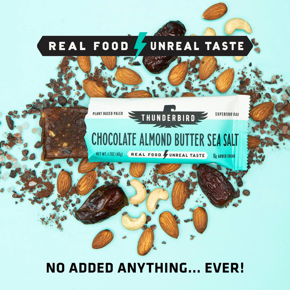 Thunderbird Real Food Bars vegan paleo non-GMO label highlights dietary choices and clean ingredients.