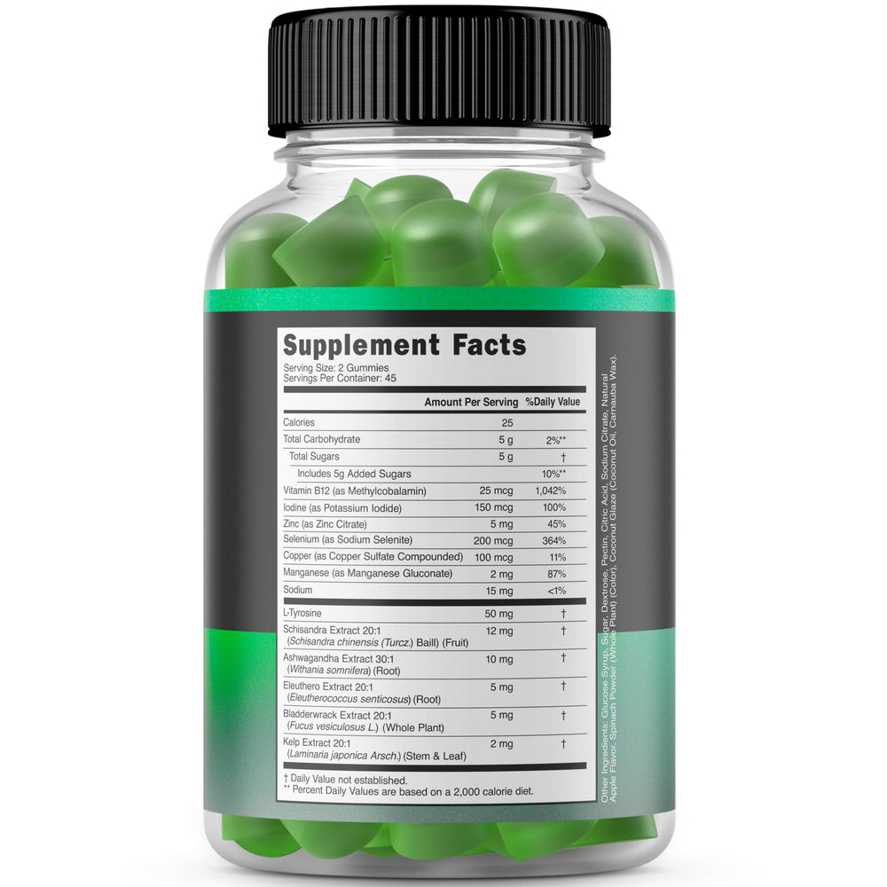 Gummies ingredients featuring ashwagandha and kelp for thyroid health