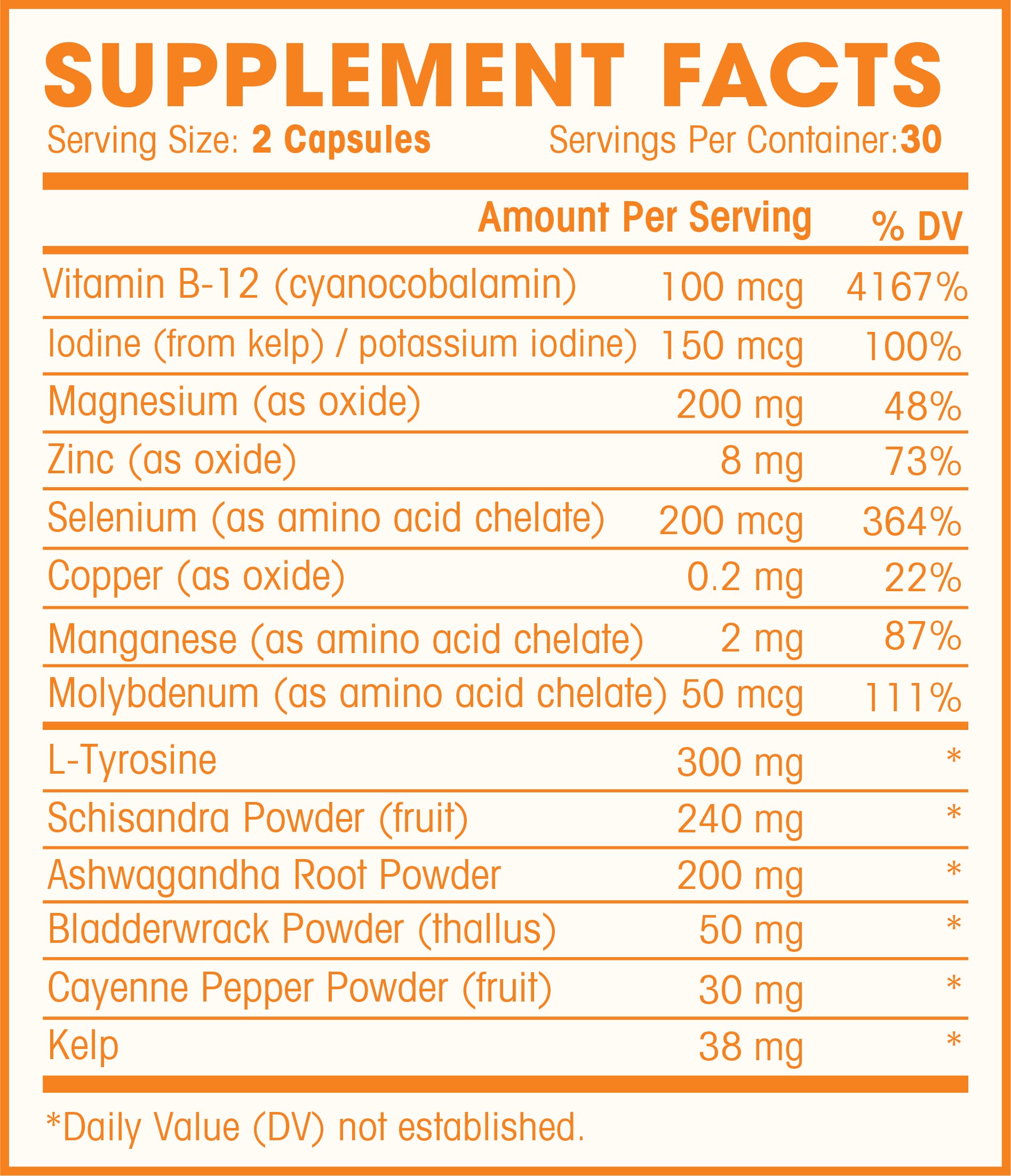 Close-up of L-Tyrosine, Selenium, and kelp-derived iodine in supplement