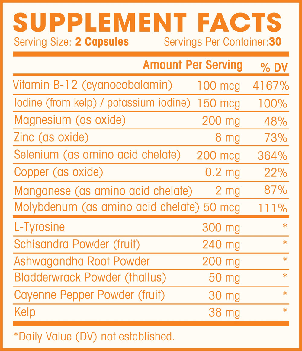 Close-up of L-Tyrosine, Selenium, and kelp-derived iodine in supplement