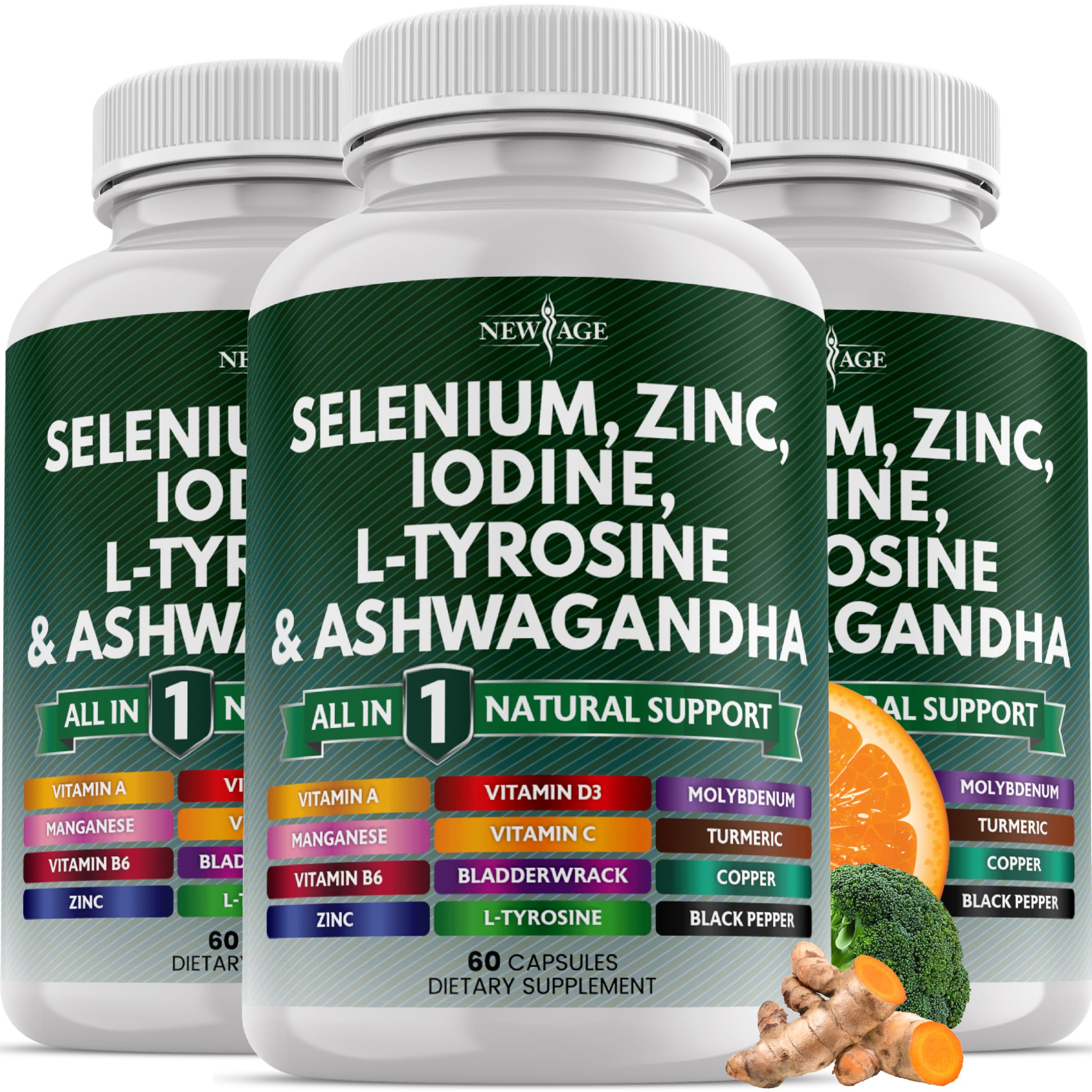 Bottle label of thyroid support supplement showing selenium, zinc, iodine, L-Tyrosine and ashwagandha