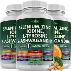 Bottle label of thyroid support supplement showing selenium, zinc, iodine, L-Tyrosine and ashwagandha