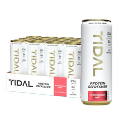 TIDAL Protein Refresher Watermelon Mist 12 oz bottle with 12-pack packaging front view