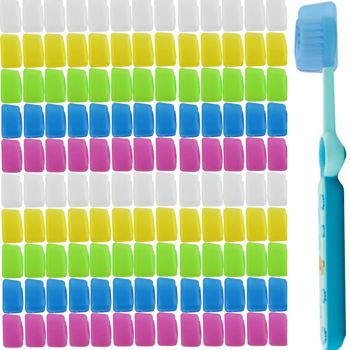 TIHOOD 100pcs travel toothbrush head covers set in pink, yellow, blue, green, and clear