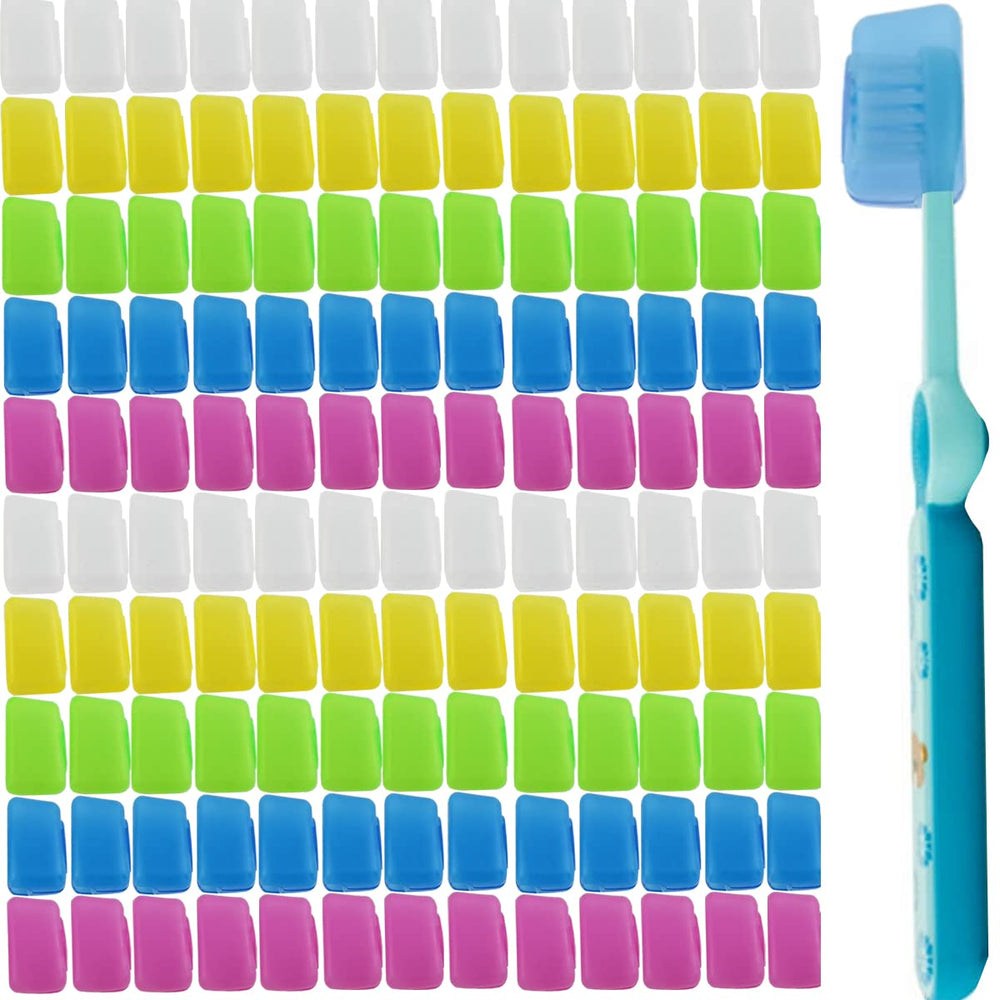 TIHOOD 100pcs travel toothbrush head covers set in pink, yellow, blue, green, and clear