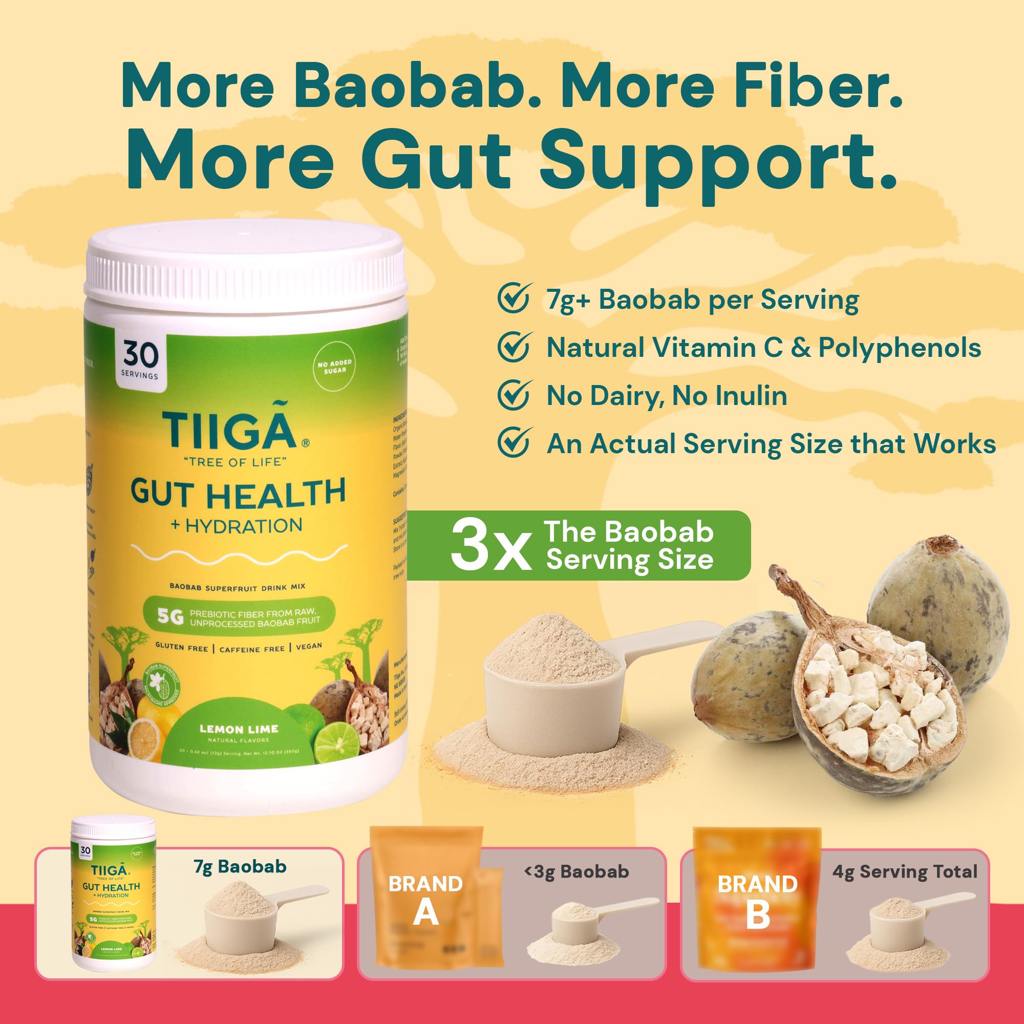 Tiiga baobab 7g scoop prebiotic fiber highlights natural fiber to support gut balance.