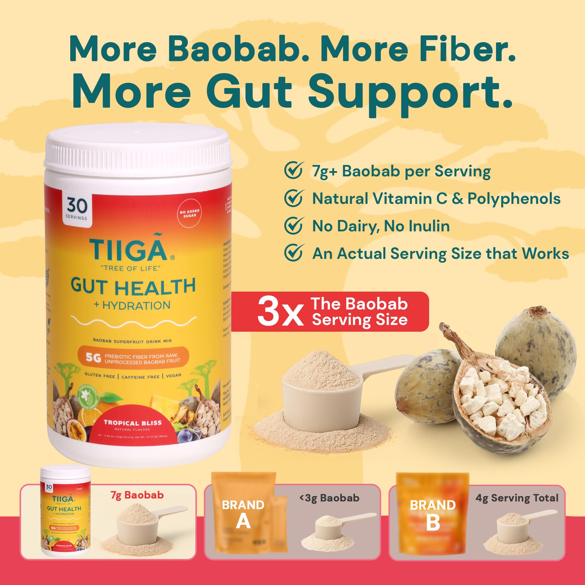Tiiga Baobab powder scoop showing 7g serving for fiber and antioxidants