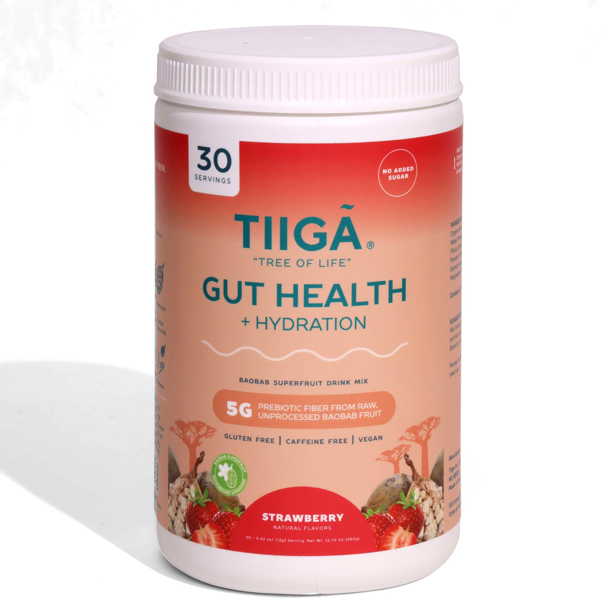 Tiiga gut-health baobab scoop close-up highlights high-fiber digestion support