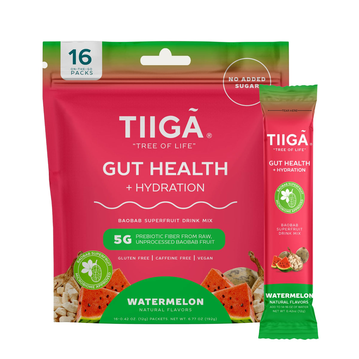 Tiiga Gut Health Hydration pouch label highlights vegan formula for digestion support.