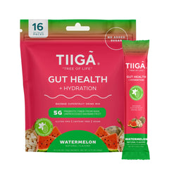 Tiiga Gut Health Hydration pouch label highlights vegan formula for digestion support.