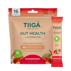 Tiiga gut-health hydration powder in a tub highlighting dairy-free gut support.