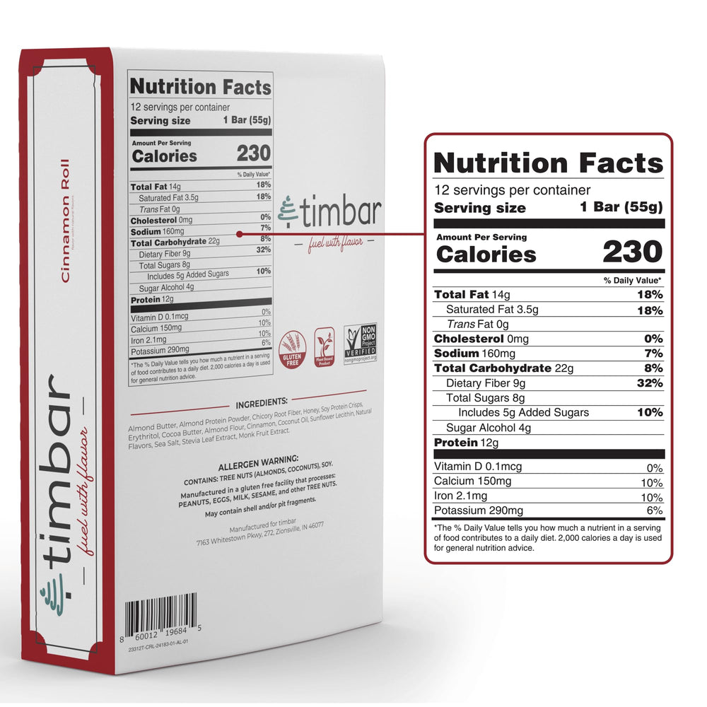 TIMBAR Protein Bars 12 Pack ingredients highlight almond butter and fiber