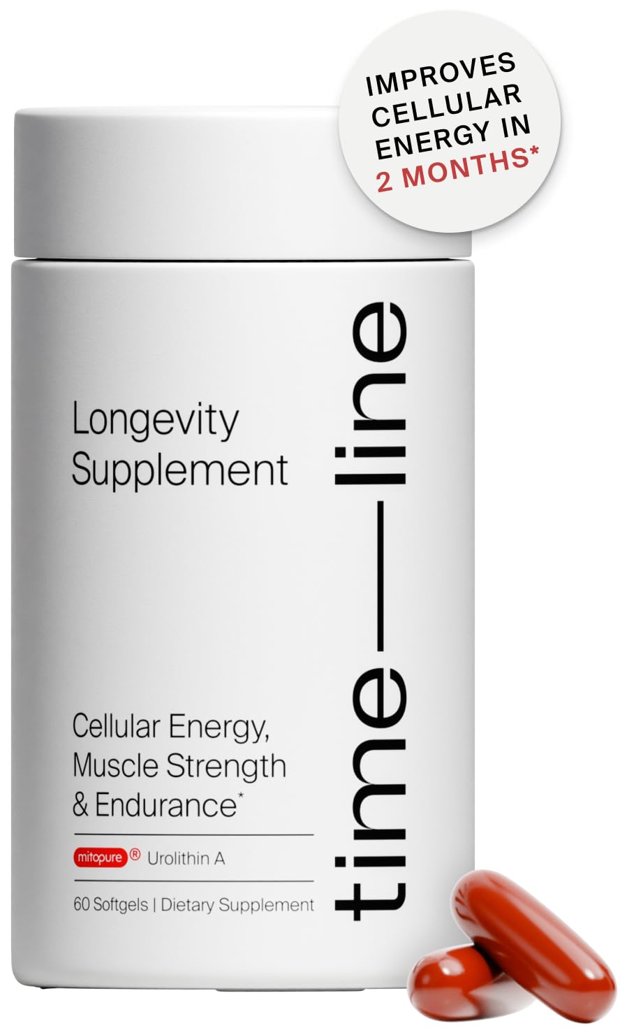 Timeline Mitopure bottle with softgels for daily cellular support and energy.
