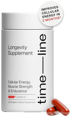 Timeline Mitopure bottle with softgels for daily cellular support and energy.