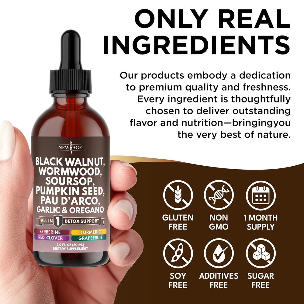 Close-up of tincture bottle labeled Black Walnut Wormwood Cleanse Drops