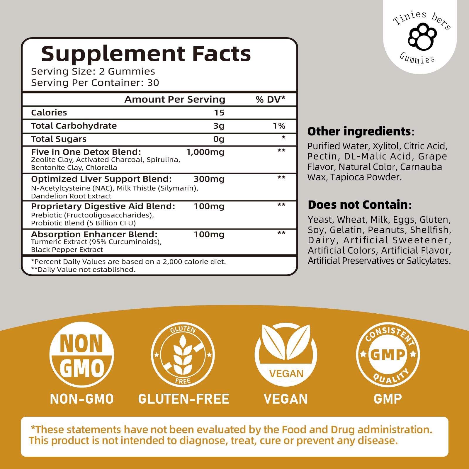 Tinies bers Detox Binder Gummies packaging highlights non-GMO vegan sugar-free formula