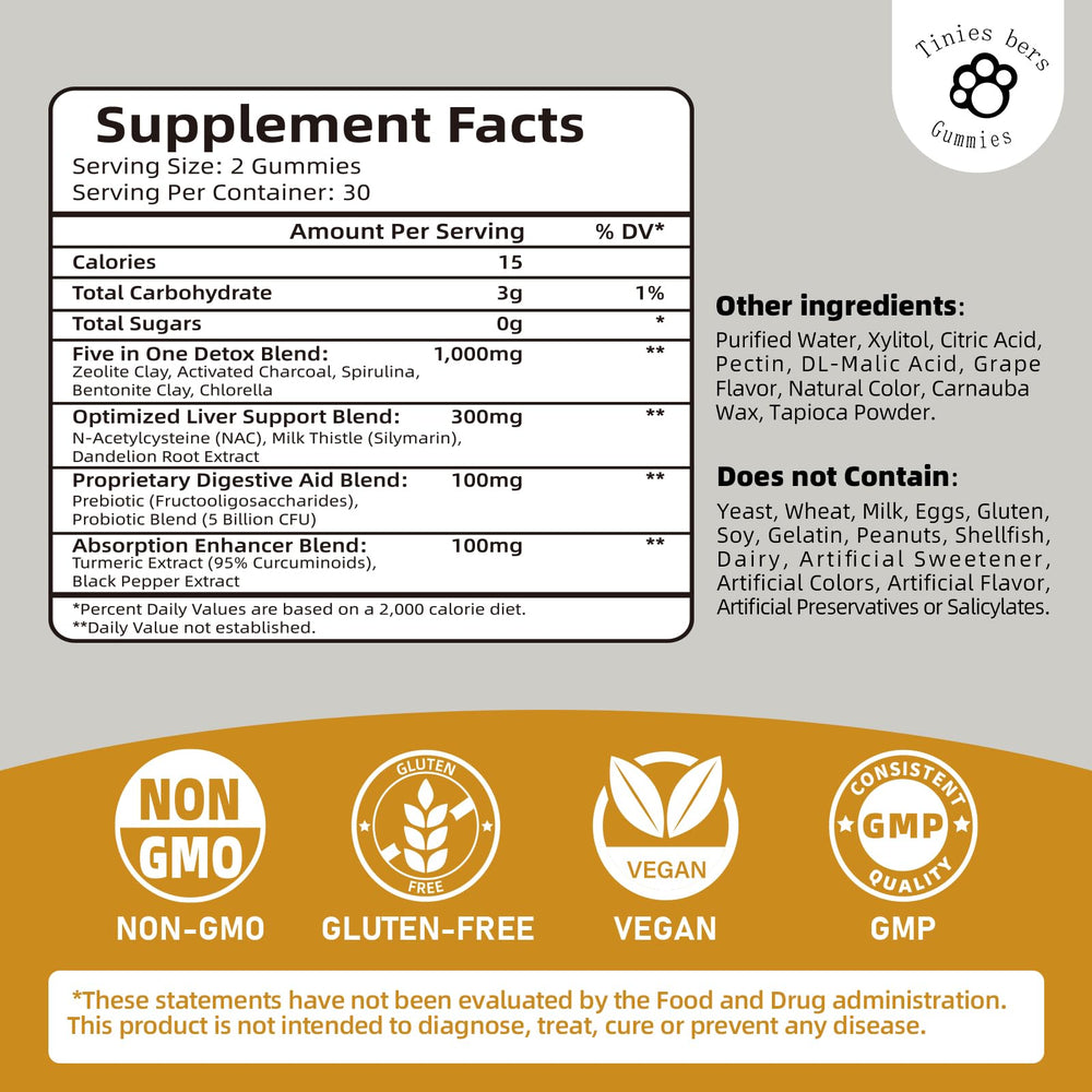 Tinies bers Detox Binder Gummies packaging highlights non-GMO vegan sugar-free formula