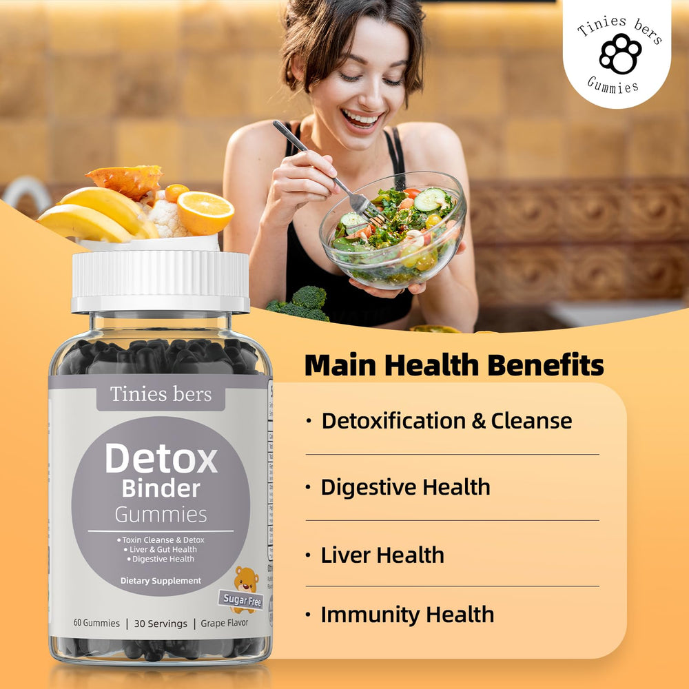 Tinies bers Detox Binder Gummies texture closeup reveals chewy gummies with sugar-free sweetness