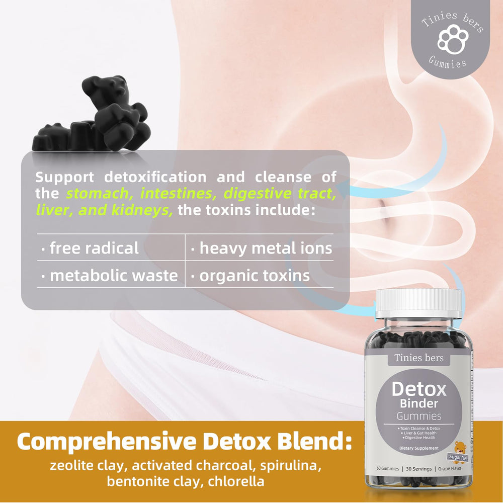 Tinies bers Detox Binder Gummies texture closeup reveals chewy gummies with sugar-free sweetness