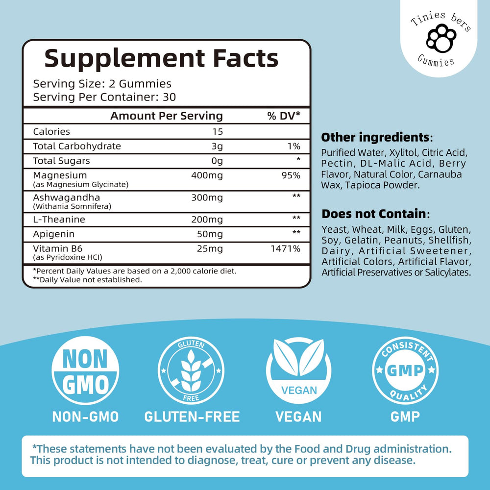Ingredient highlight: L-Theanine 200mg, Magnesium Glycinate 400mg, Ashwagandha 300mg per serving