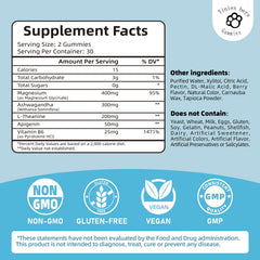 Ingredient highlight: L-Theanine 200mg, Magnesium Glycinate 400mg, Ashwagandha 300mg per serving