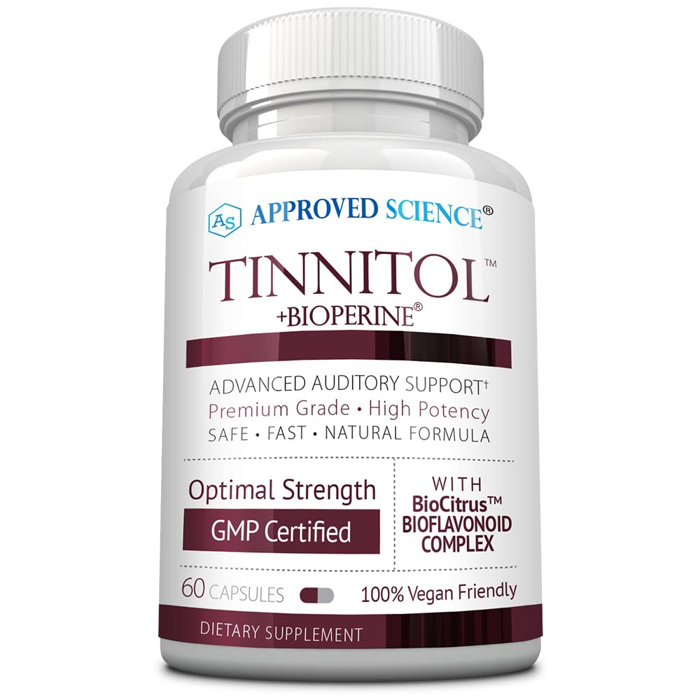 Front view of Approved Science Tinnitol bottle with 60 capsules