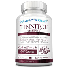 Front view of Approved Science Tinnitol bottle with 60 capsules